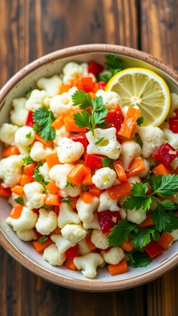 A colorful raw cauliflower salad with bell peppers, carrots, and parsley in a rustic bowl on a wooden table.